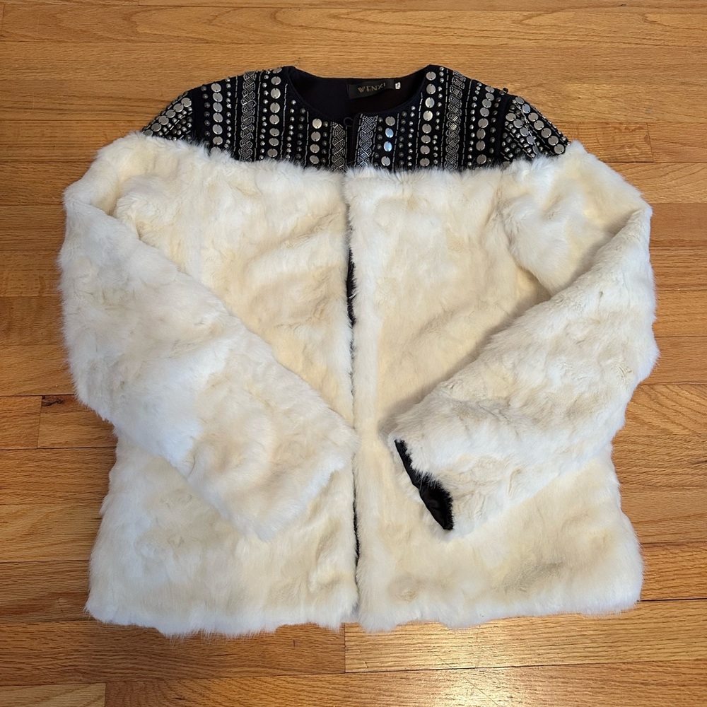 Black and White Faux Fur Jacket with Studded Accents